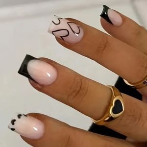 Black French Tip Heart Press On Nails